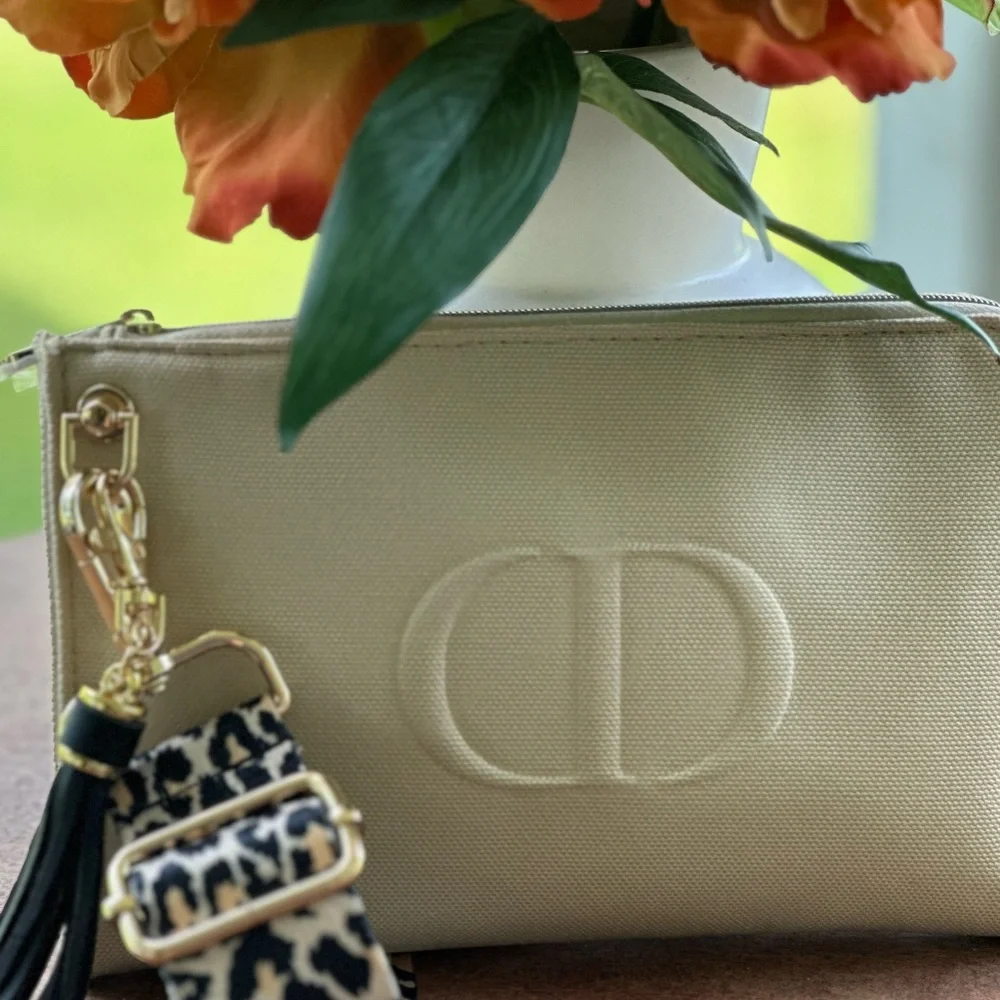 Beauty Counter Beige Cosmetic Cross body Bag with Gold Accents Upcycled GWP